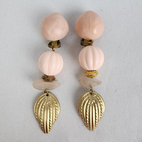 Vintage Pink Beaded Gold Leaf Clip On Earrings - Picture 1 of 5